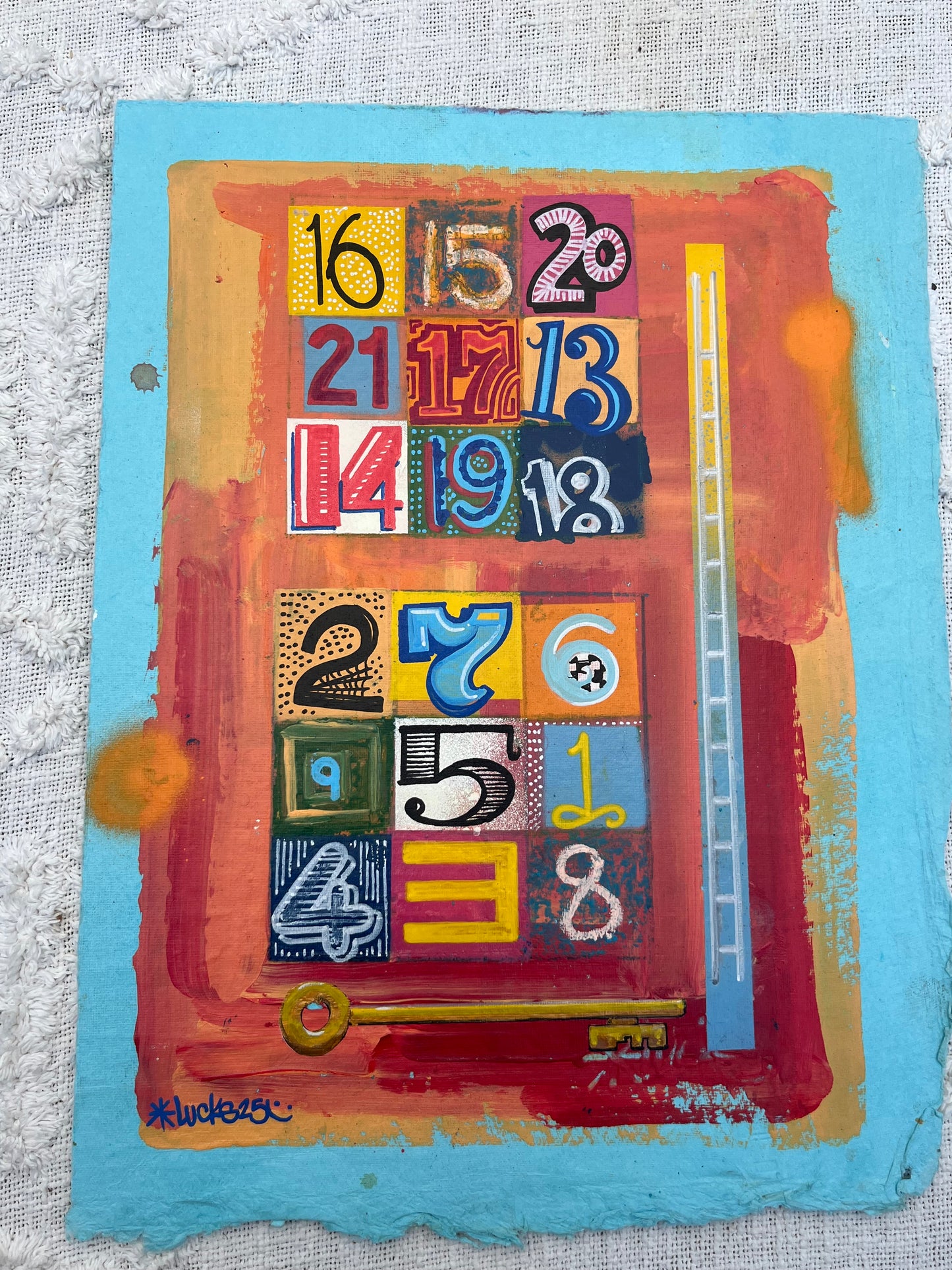 Original artwork "Works on Paper No.72" by Lucks, showcasing abstract mixed media art on paper with vibrant colors and textured details.