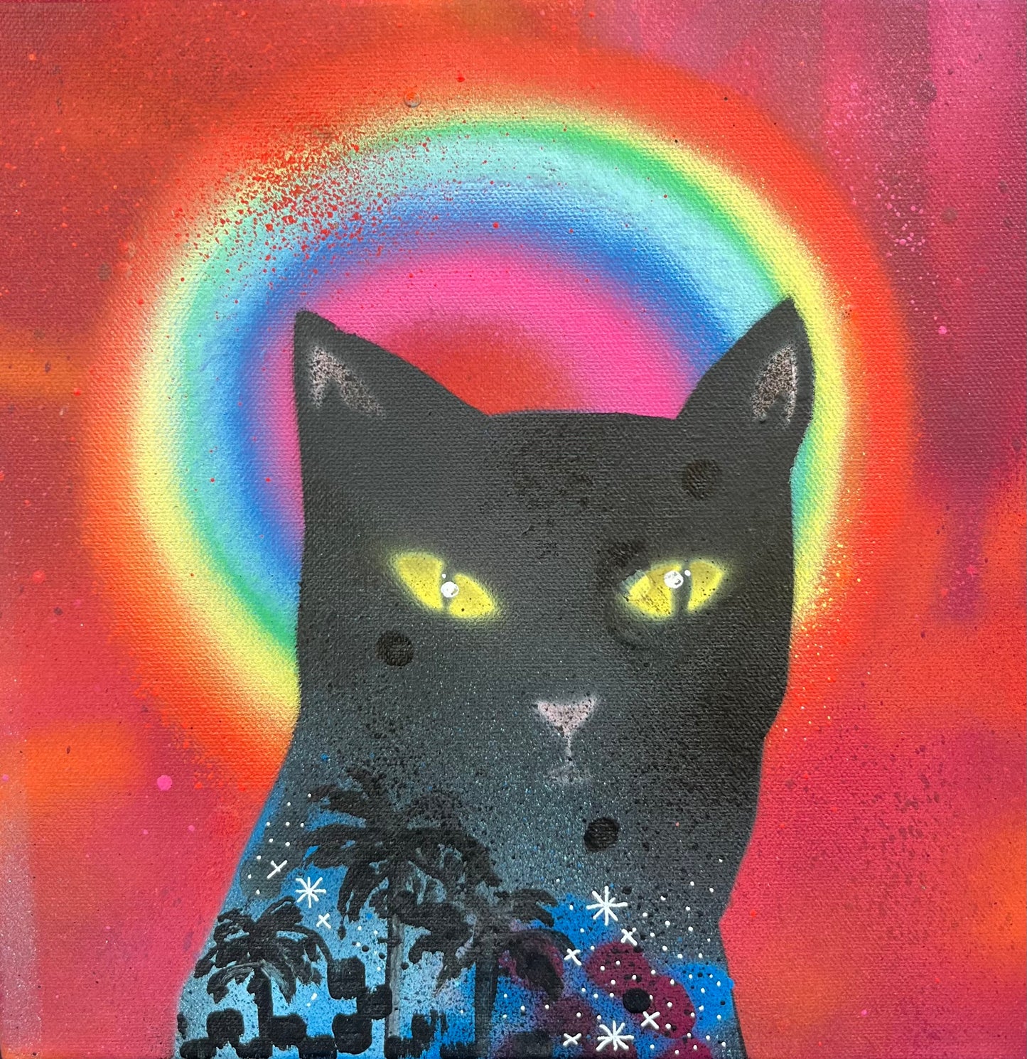 Colorful art print titled "Somewhere Under a Rainbow I" by Lucks, featuring vibrant rainbow and abstract design.