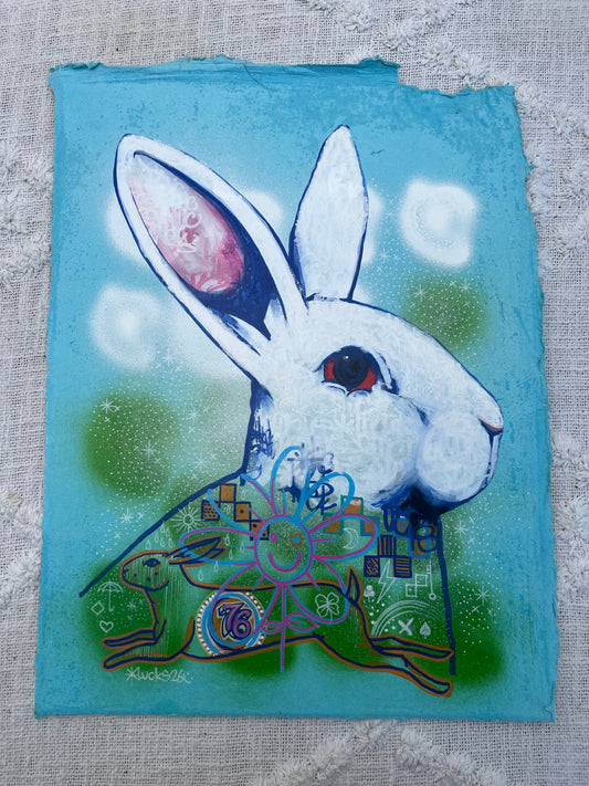 Original artwork by Lucks titled Works on Paper No.21, featuring abstract ink and paper textures in a vibrant art piece.