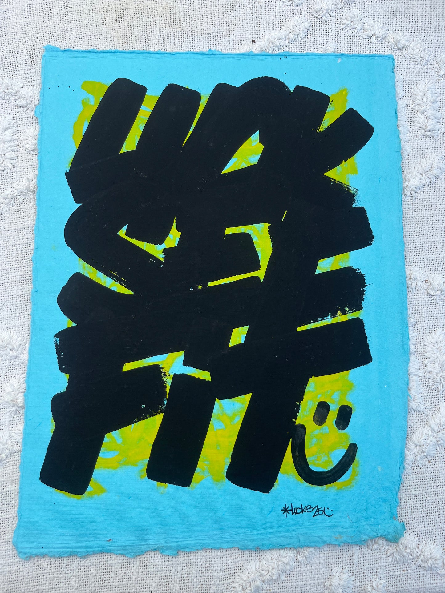 Original artwork "Works on Paper No.71" by Lucks, featuring intricate abstract ink and paper design on display.