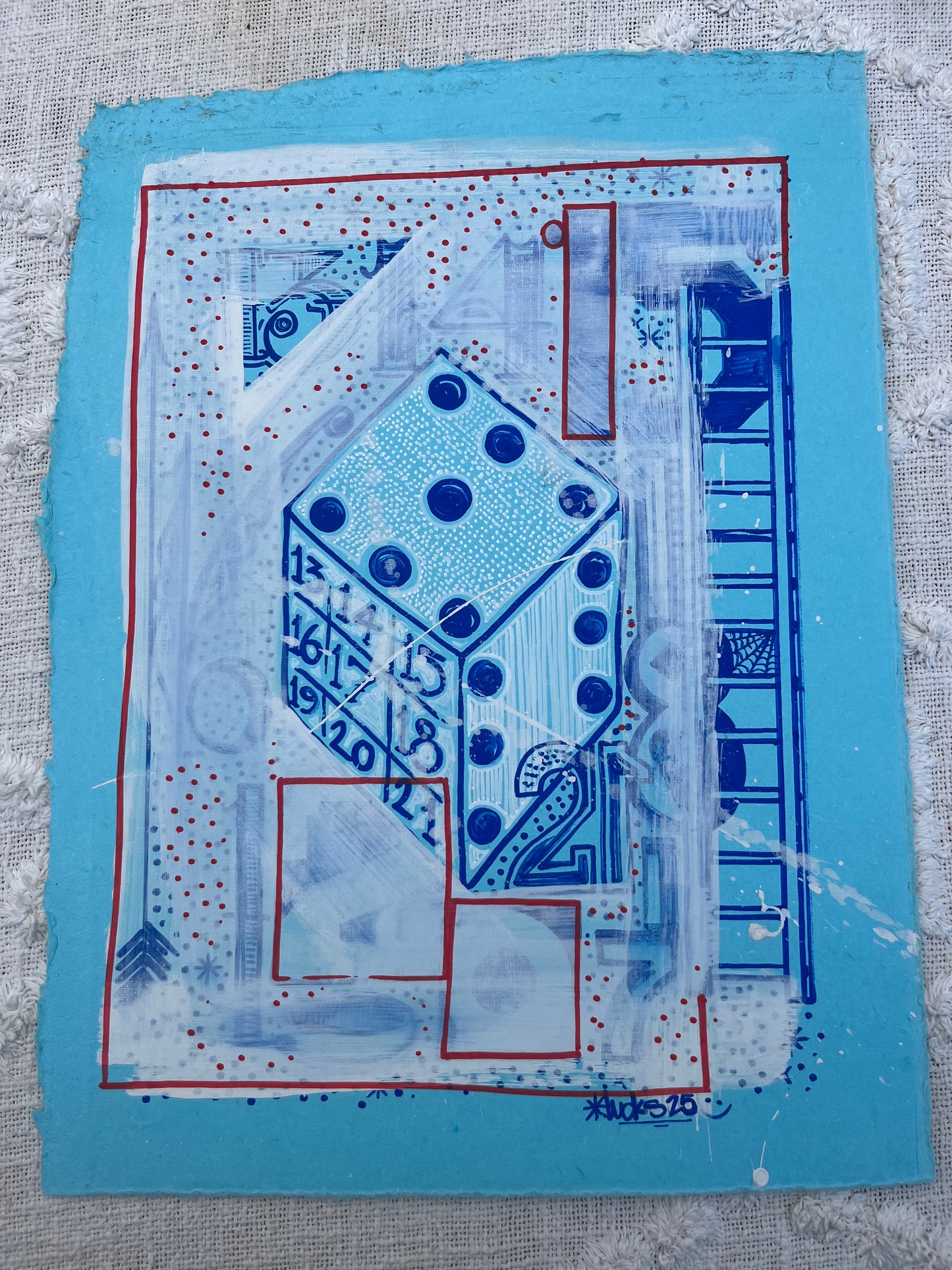 Original artwork "Works on Paper No.40" by Lucks, featuring abstract ink and watercolor on paper, with vibrant and textured details.
