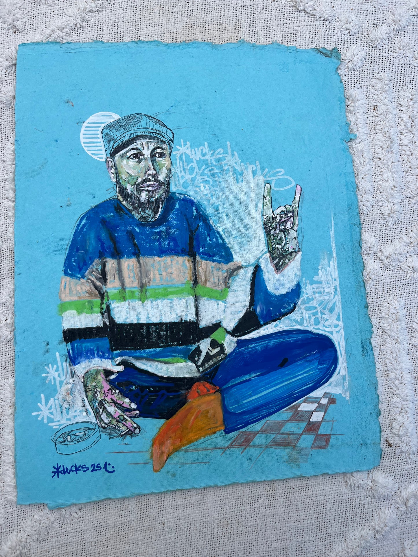 Original artwork from Lucks titled Works on Paper No.18, featuring intricate ink and watercolor details on paper.