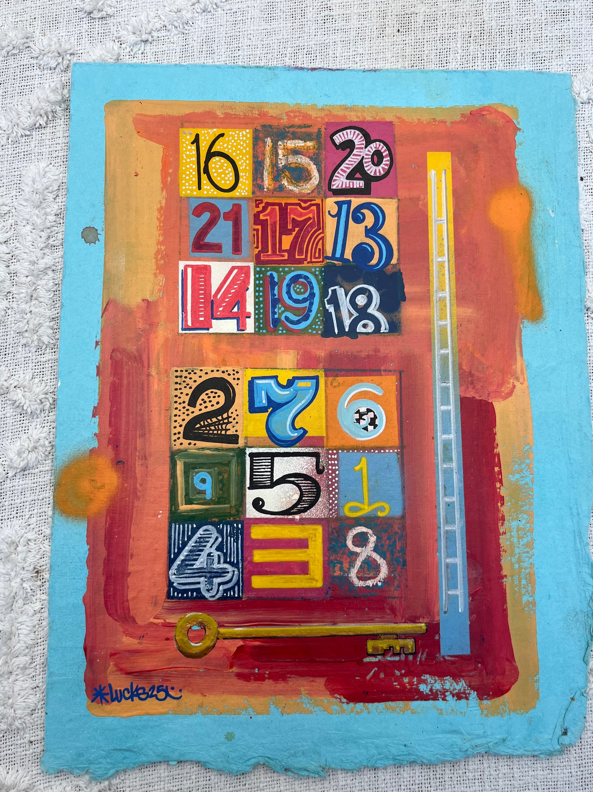 Original artwork "Works on Paper No.72" by Lucks, showcasing abstract mixed media art on paper with vibrant colors and textured details.