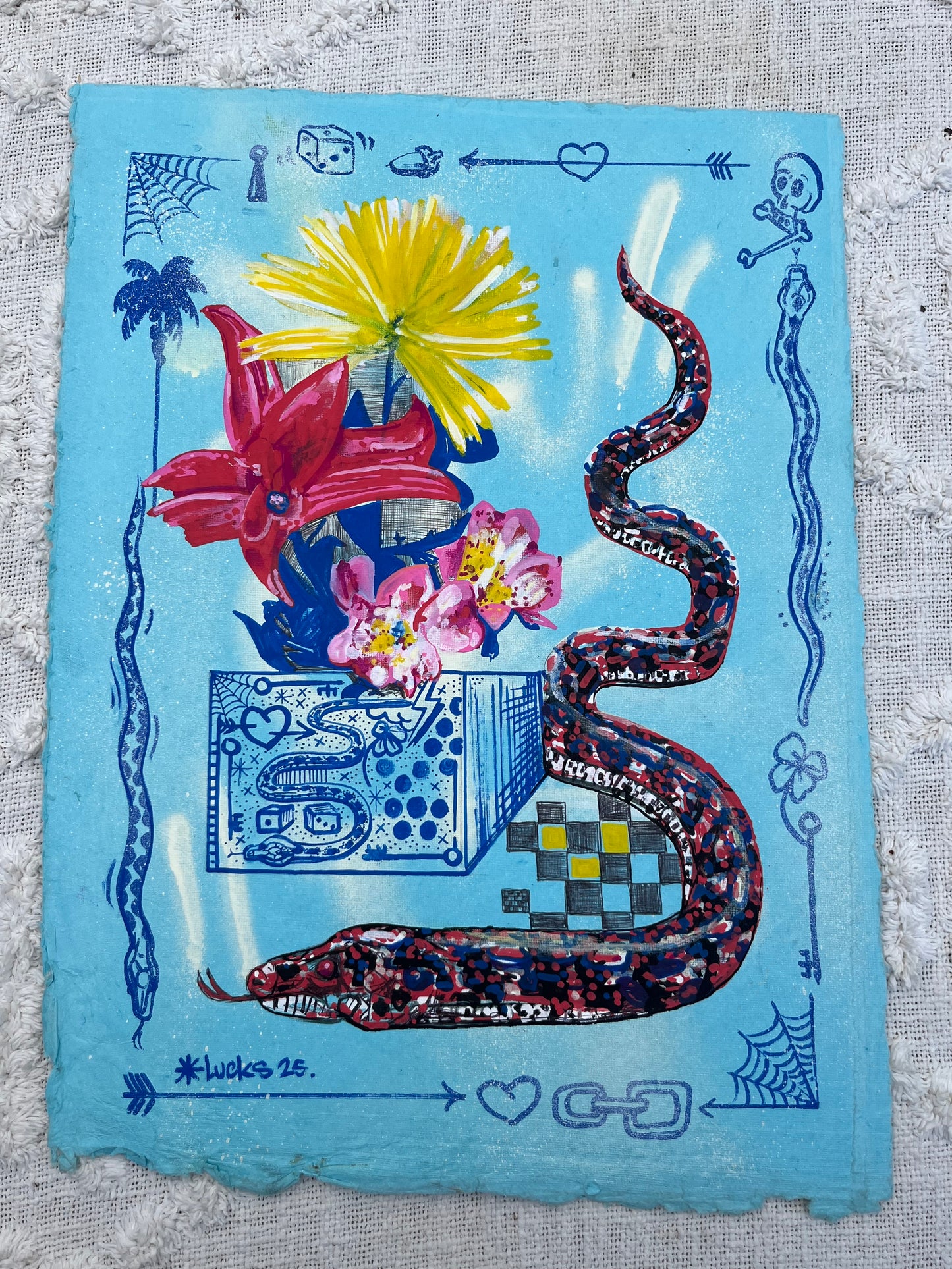 Original artwork "Works on Paper No.9" by Lucks, featuring abstract mixed media on paper, with vibrant colors and textured details.