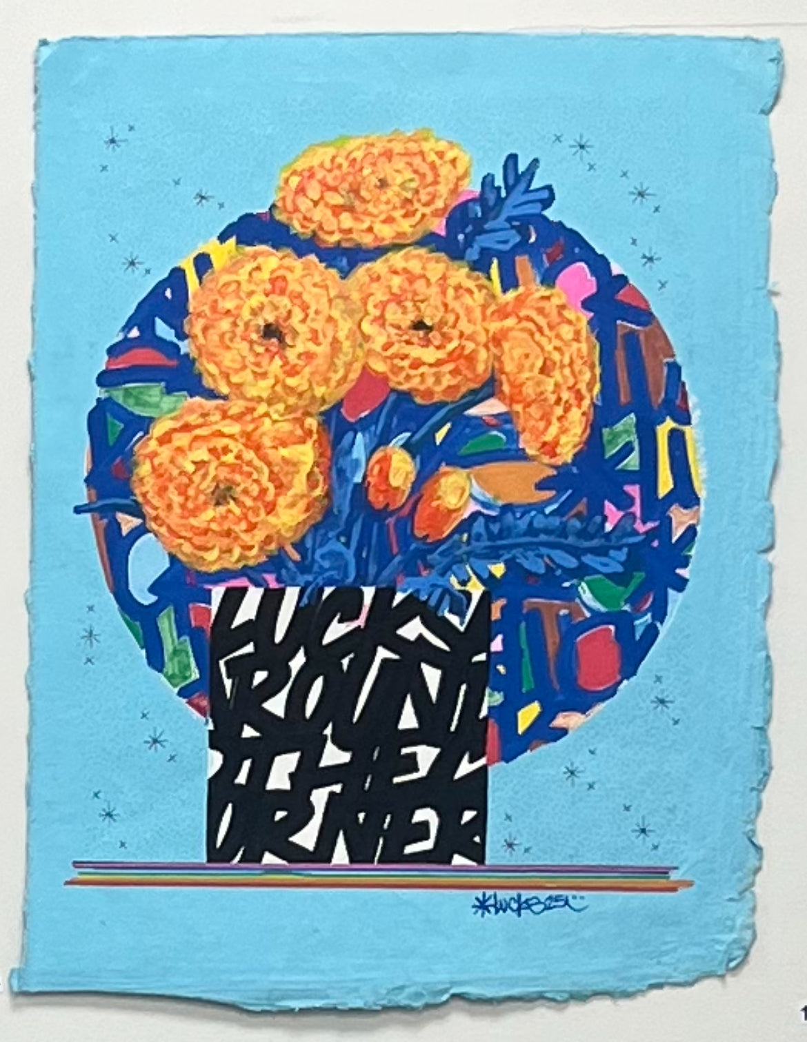 Original artwork "Works on Paper No.14" by Lucks, featuring abstract ink and watercolor on paper, with vibrant textures and details.