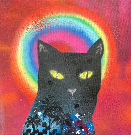 Colorful art print titled "Somewhere Under a Rainbow I" by Lucks, featuring vibrant rainbow and abstract design.